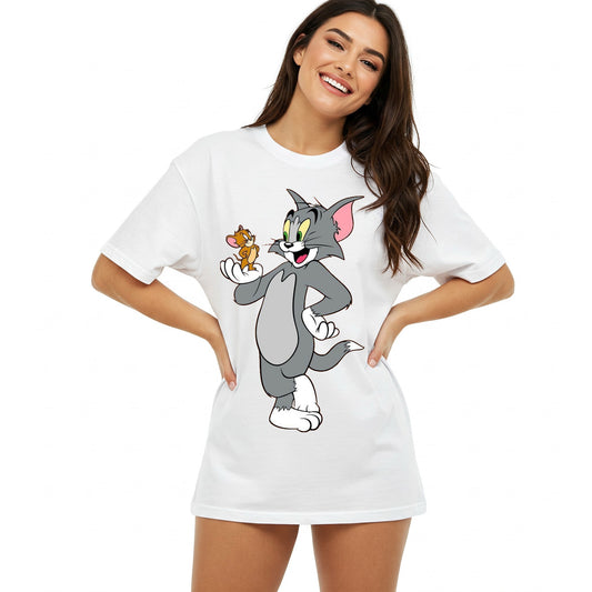 White Tom and Jerry Graphic Women's Oversized T-shirt Befaltu