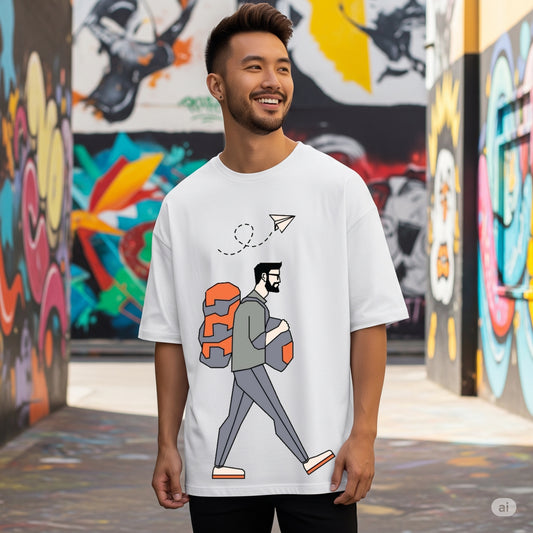 White "Traveler/Backpacker" Character Graphic Oversized T-shirt - Befaltu (Men's Adventure Tee)