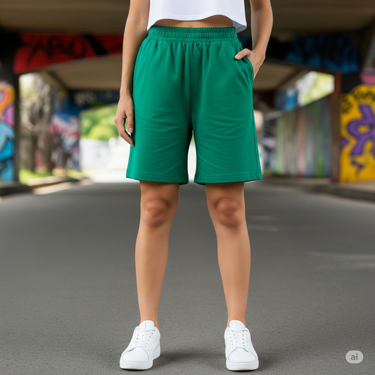 Women's Green Casual Shorts | Loose Fit Athleisure Shorts | Befaltu