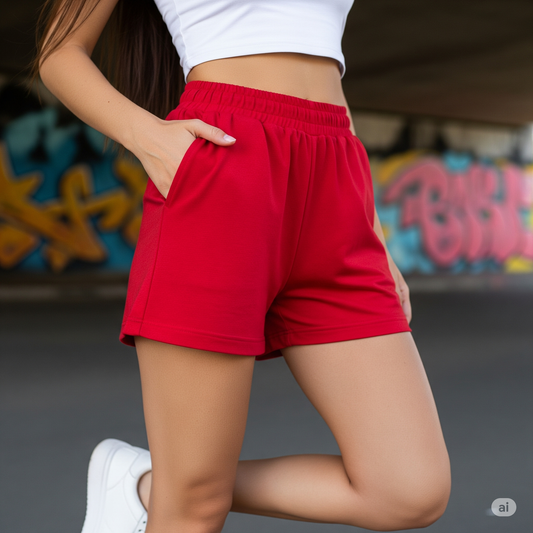 Women's Red Casual Shorts | Loose Fit Athleisure Shorts | Befaltu