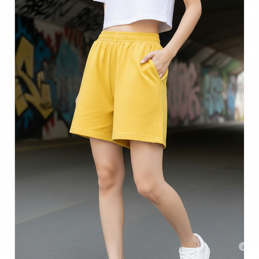 Women's Yellow Casual Shorts | Loose Fit Athleisure Shorts | Befaltu