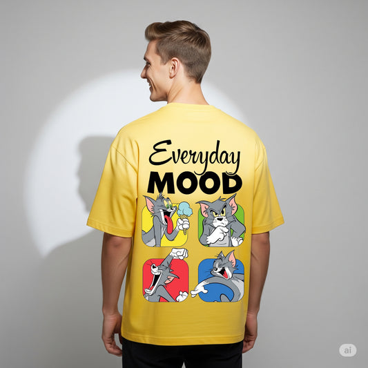 Yellow "Everyday Mood" Tom and Jerry Graphic Oversized T-shirt - Befaltu (Men's Cartoon Tee)