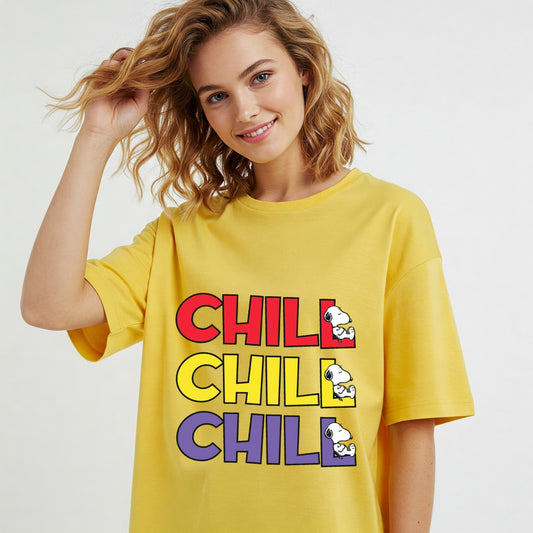 Yellow Chill Snoopy Graphic Women's Oversized T-shirt Befaltu