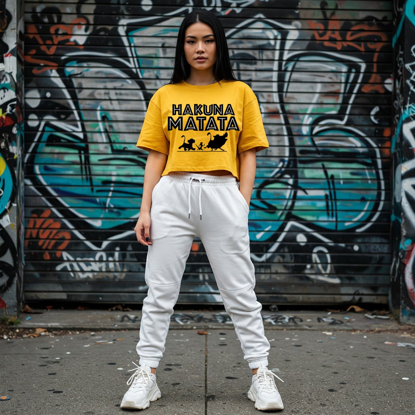 Yellow Hakuna Matata Crop Top with White Sweatpants Outfit Befaltu