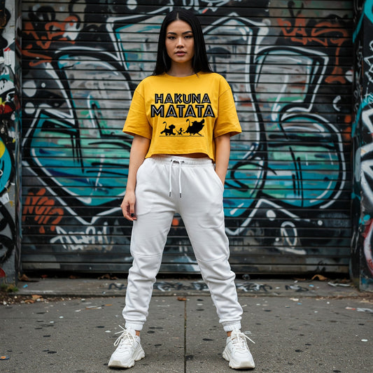 Yellow Hakuna Matata Crop Top with White Sweatpants Outfit Befaltu