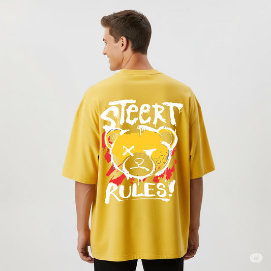 Yellow "Street Rules" Bear Graphic Oversized T-shirt - Befaltu (Men's Streetwear Tee)