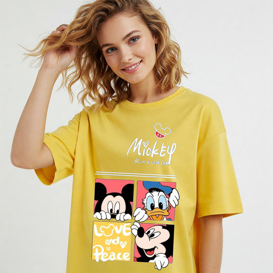 Yellow Mickey & Donald Love Peace Graphic Women's Oversized T-shirt Befaltu