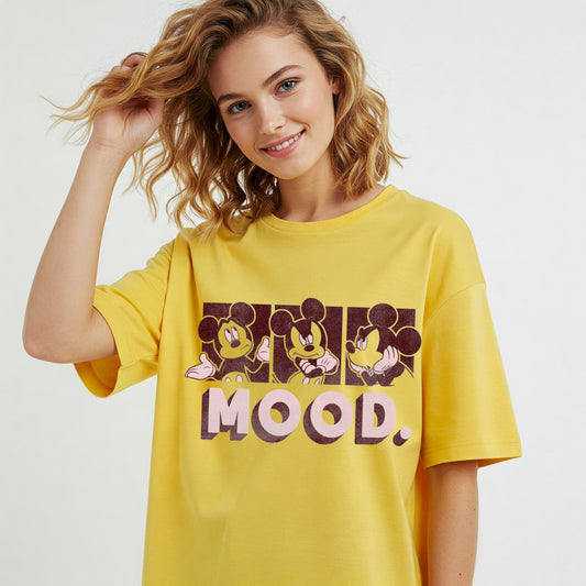 Yellow Mickey Mood Graphic Women's Oversized T-shirt Befaltu