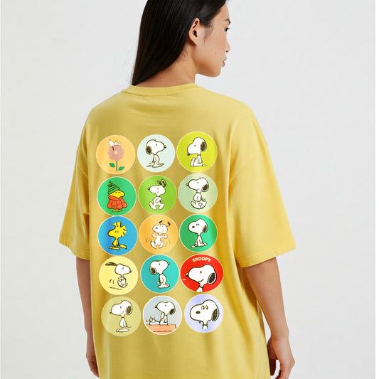 Yellow Multi Snoopy Faces Graphic Women's Oversized T-shirt Befaltu