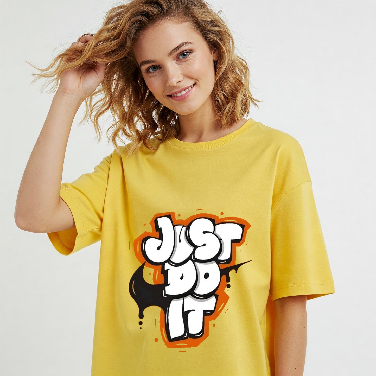 Yellow Nike Just Do It Graffiti Graphic Women's Oversized T-shirt Befaltu