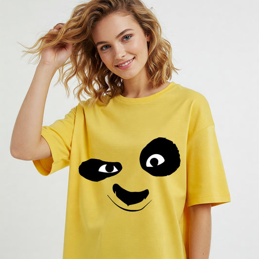 Yellow Panda Face Graphic Oversized T-shirt Dress Befaltu