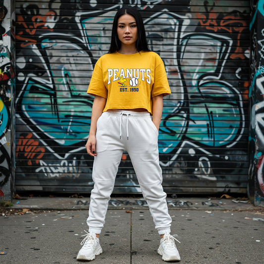Yellow Peanuts Baseball Crop Top with White Sweatpants Outfit Befaltu - Delhi Style