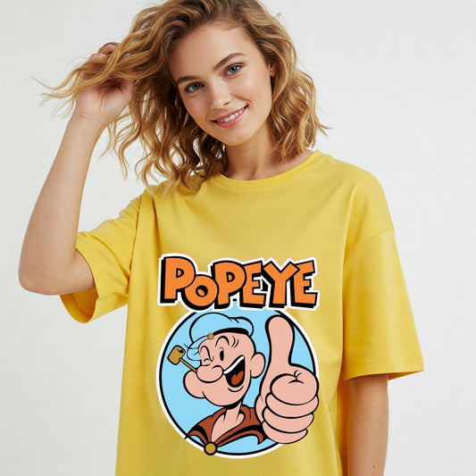 Yellow Popeye Thumbs Up Graphic Women's Oversized T-shirt Befaltu